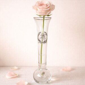 Silver 25th Anniversary Bud Vase VTG Glass Wedding Keepsake Gift Etched Heirloom